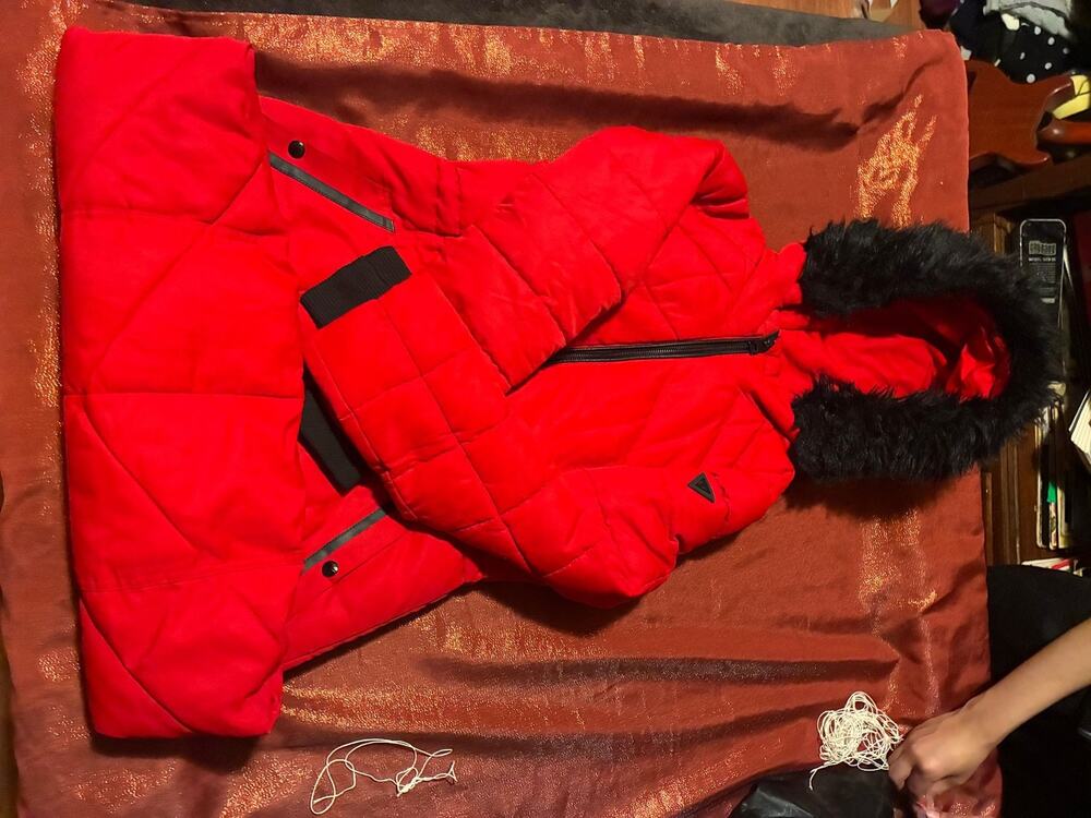 Guess Coat Womens S Red Puffer Hooded Faux Fur Trim Quilted Winter Cozy